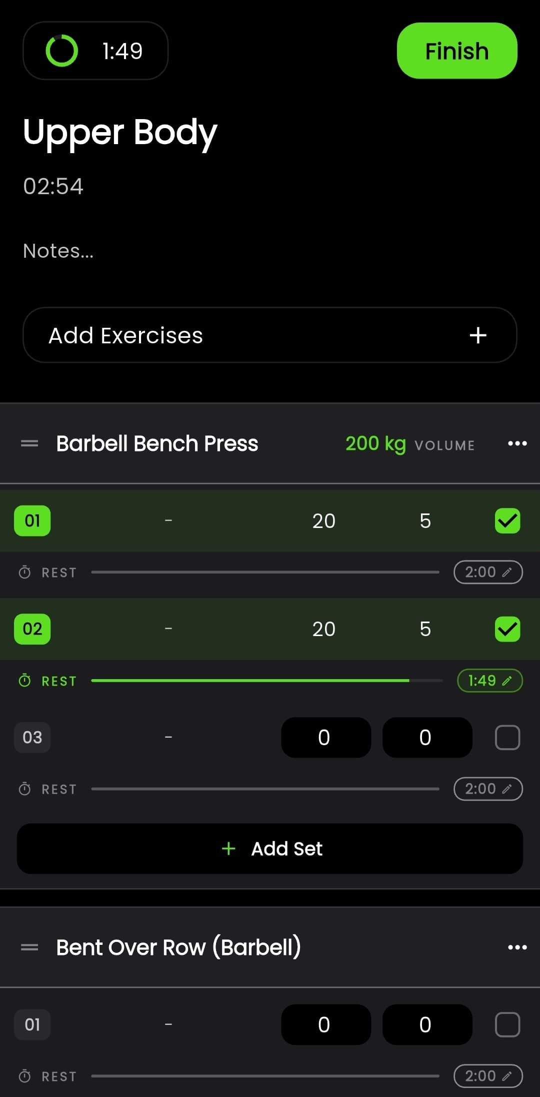Fitlog active workout screen